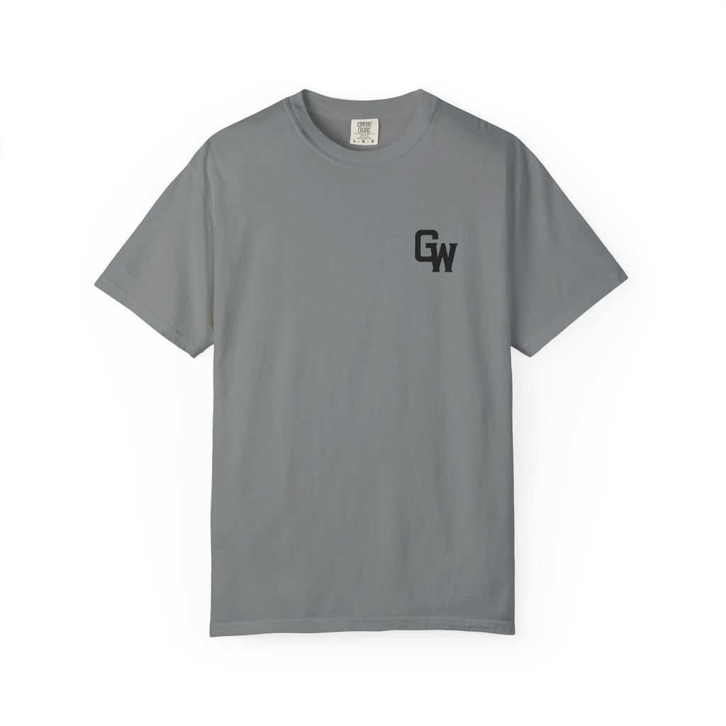Gray t-shirt with a black logo on a white background