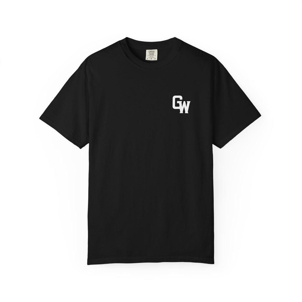 Black t-shirt with a white logo on a white background