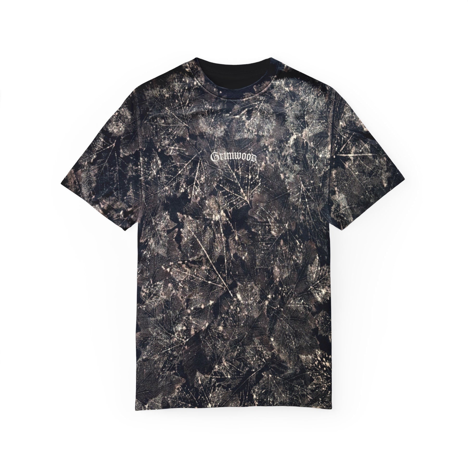 Black and gray patterned t-shirt with 'Greenwood' branding on a white background