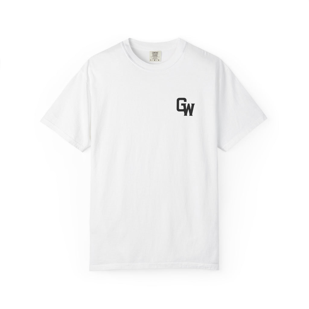 White t-shirt with a black logo on a white background